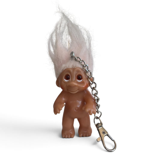 212vtg vintage troll doll keychain with wild white hair and a sturdy metal lobster clasp on a white background