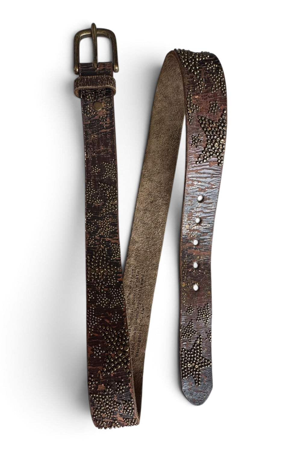 Leather Island Studded Star Belt Distressed Crackle Leather Brass Buckle 40"