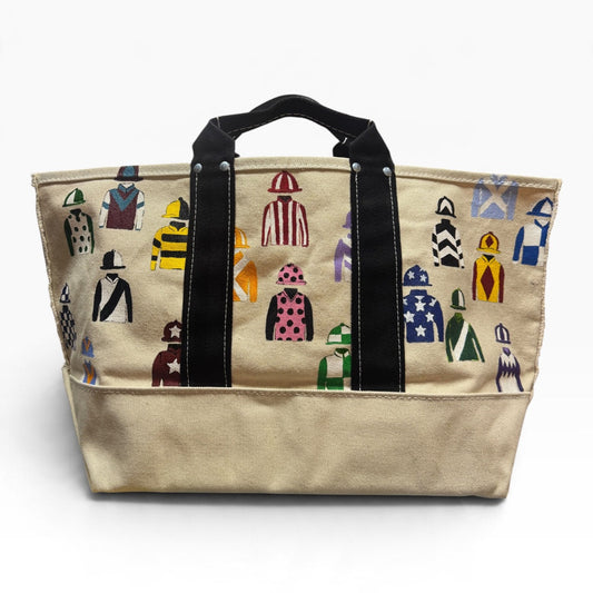 Hand-painted jockey silks canvas tote, front view