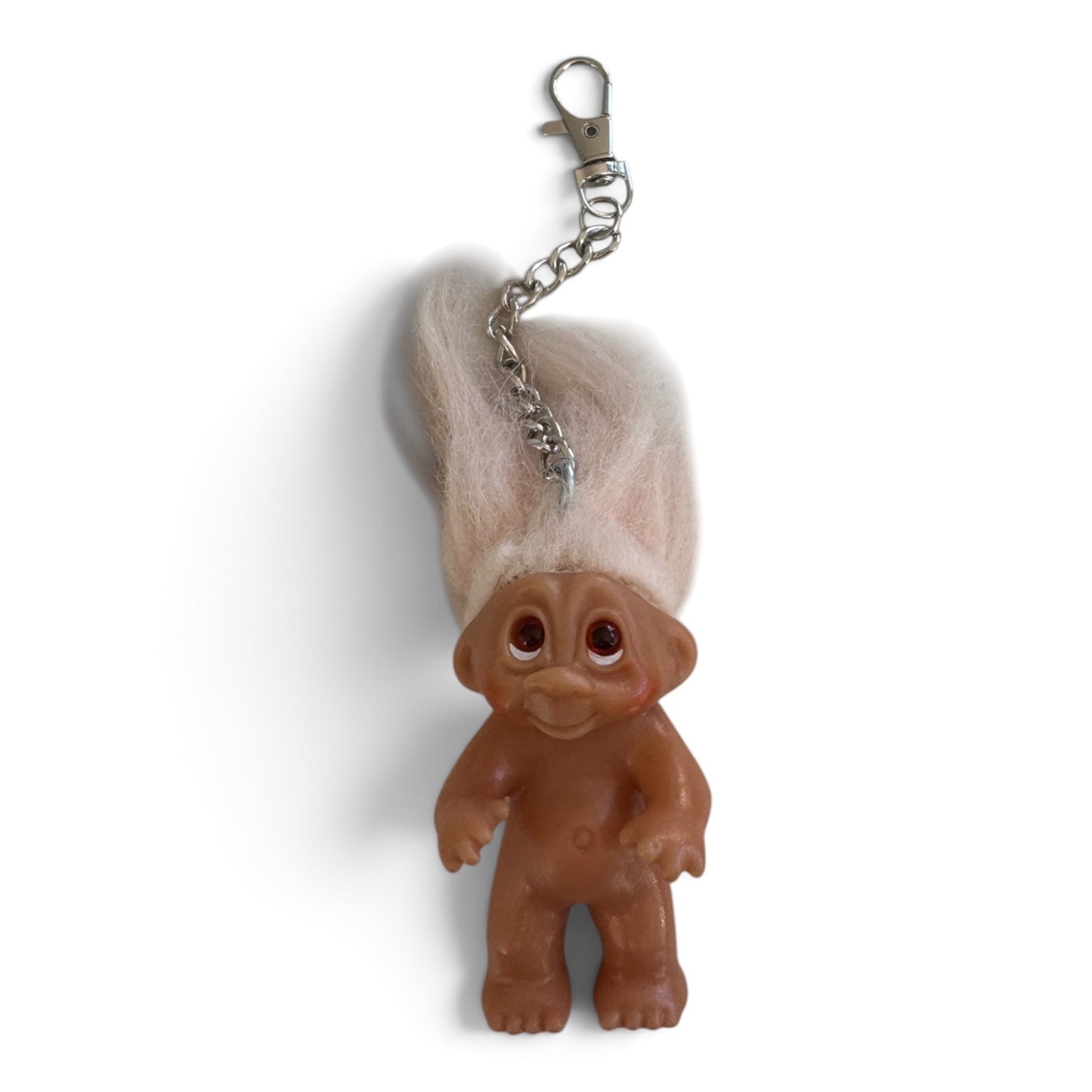 212vtg vintage troll doll keychain with fluffy white hair, vinyl body, and a metal lobster clasp attachment.