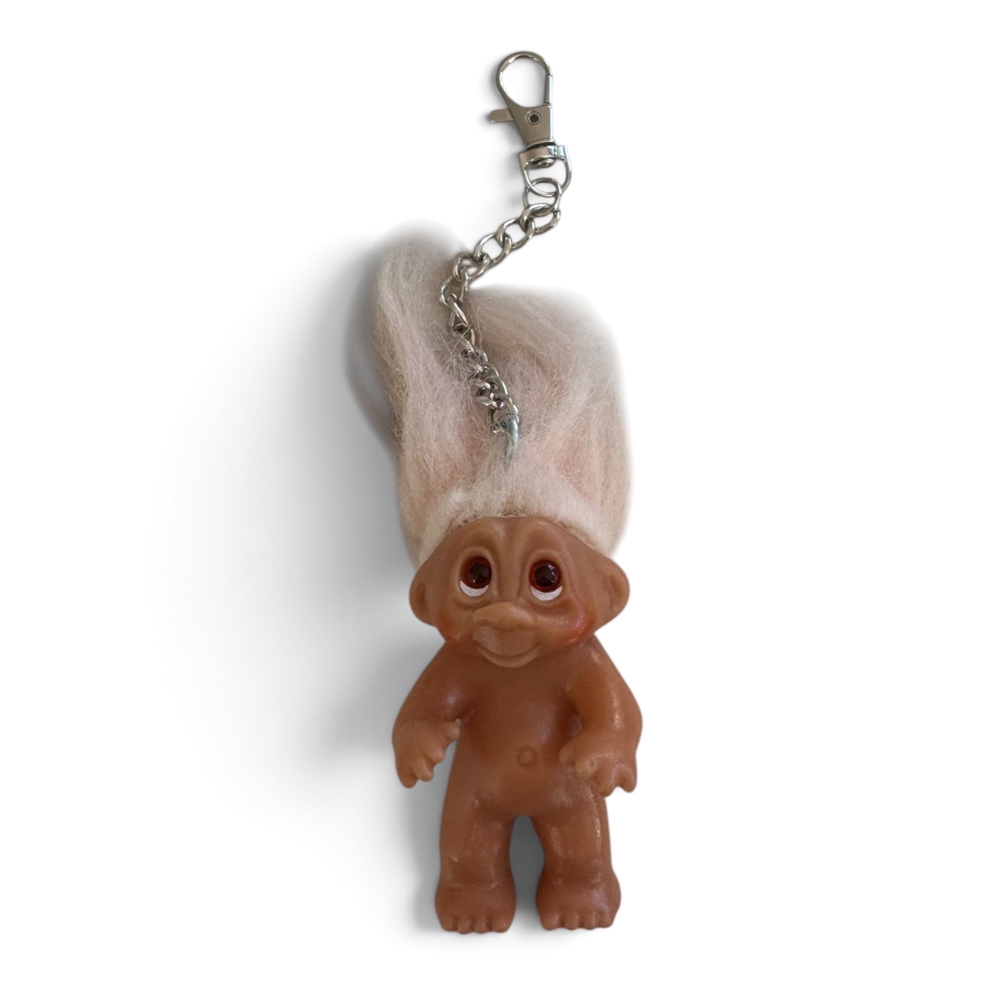 212vtg vintage troll doll keychain with fluffy white hair, vinyl body, and a metal lobster clasp attachment.