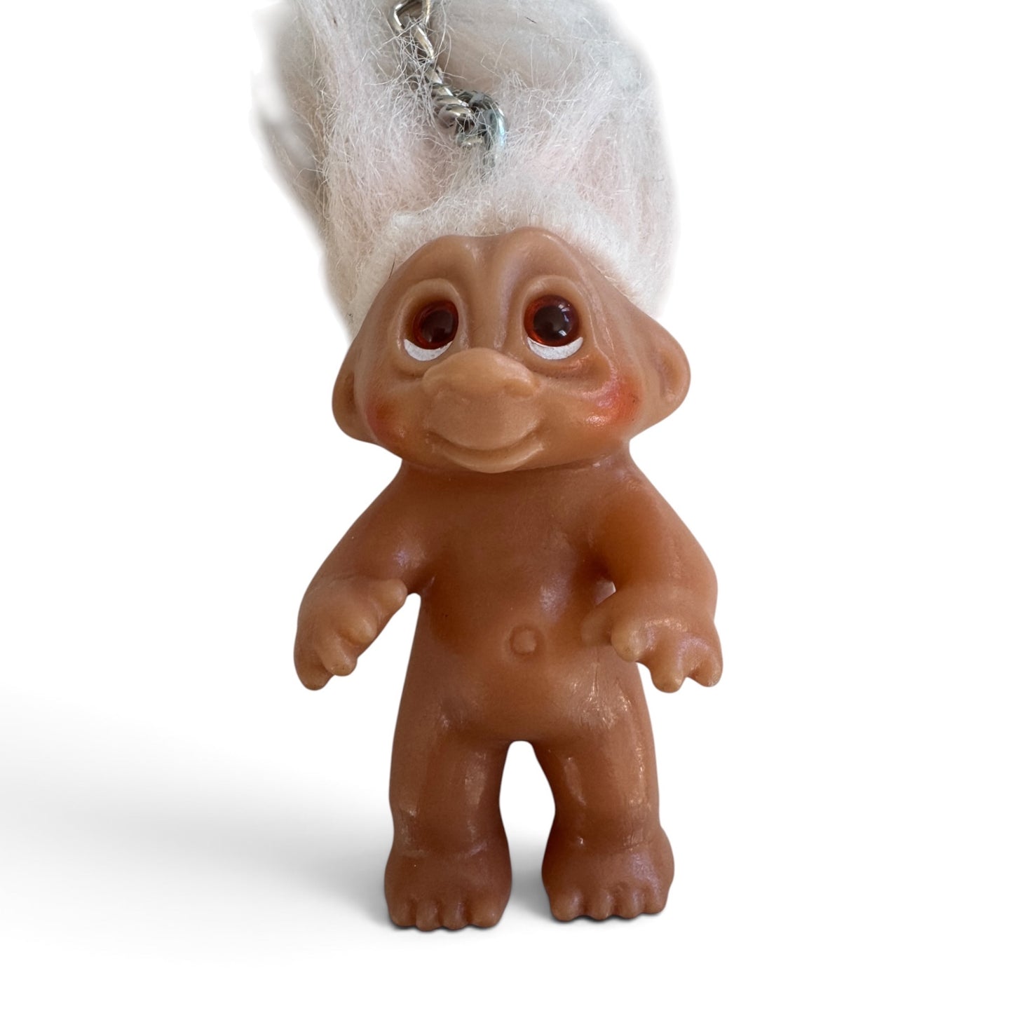 212vtg vintage troll doll keychain with a brown vinyl body and wild fluffy white hair on a metal lobster clasp