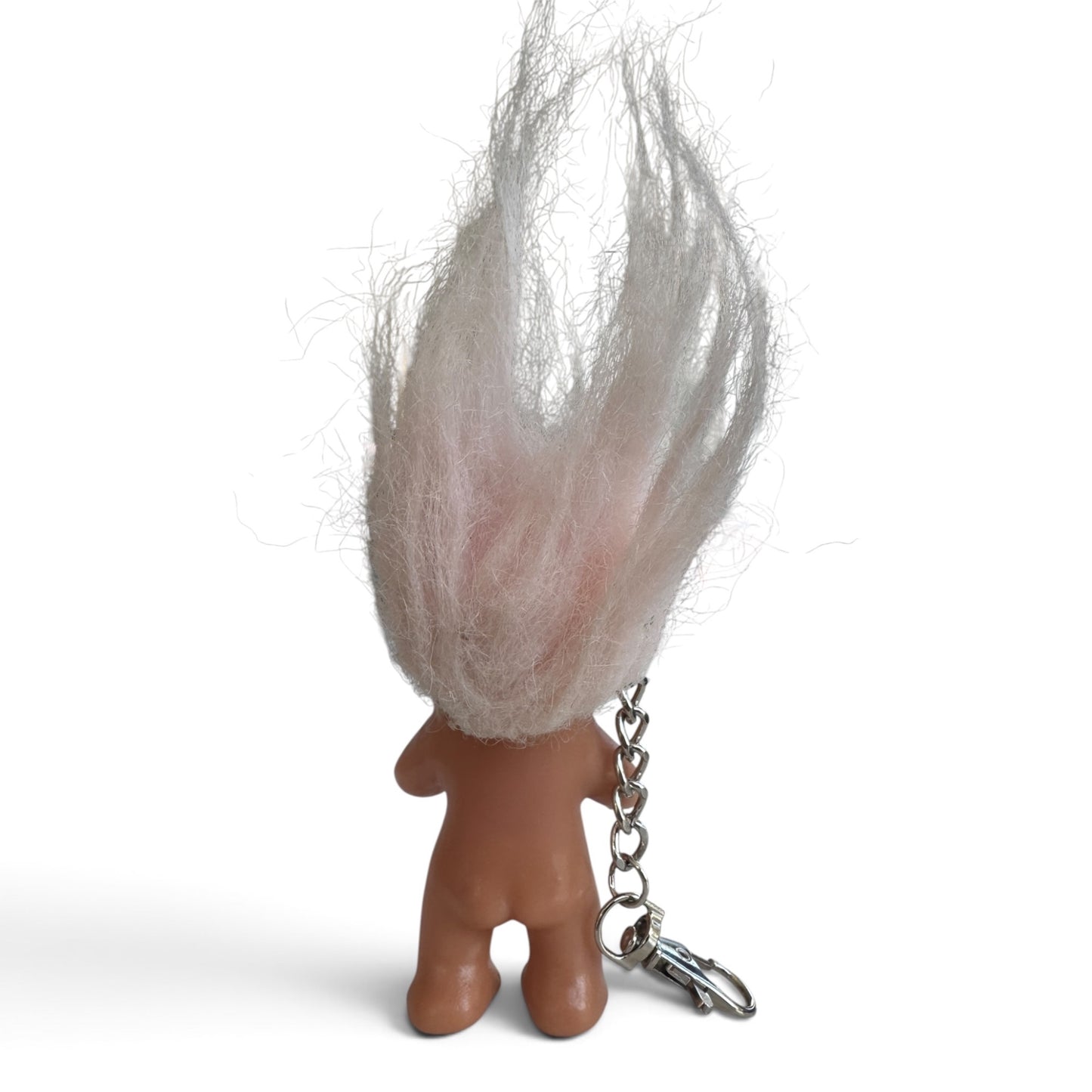 212vtg vintage troll doll keychain featuring a small vinyl figure with wild, fluffy white hair and a metal clasp.