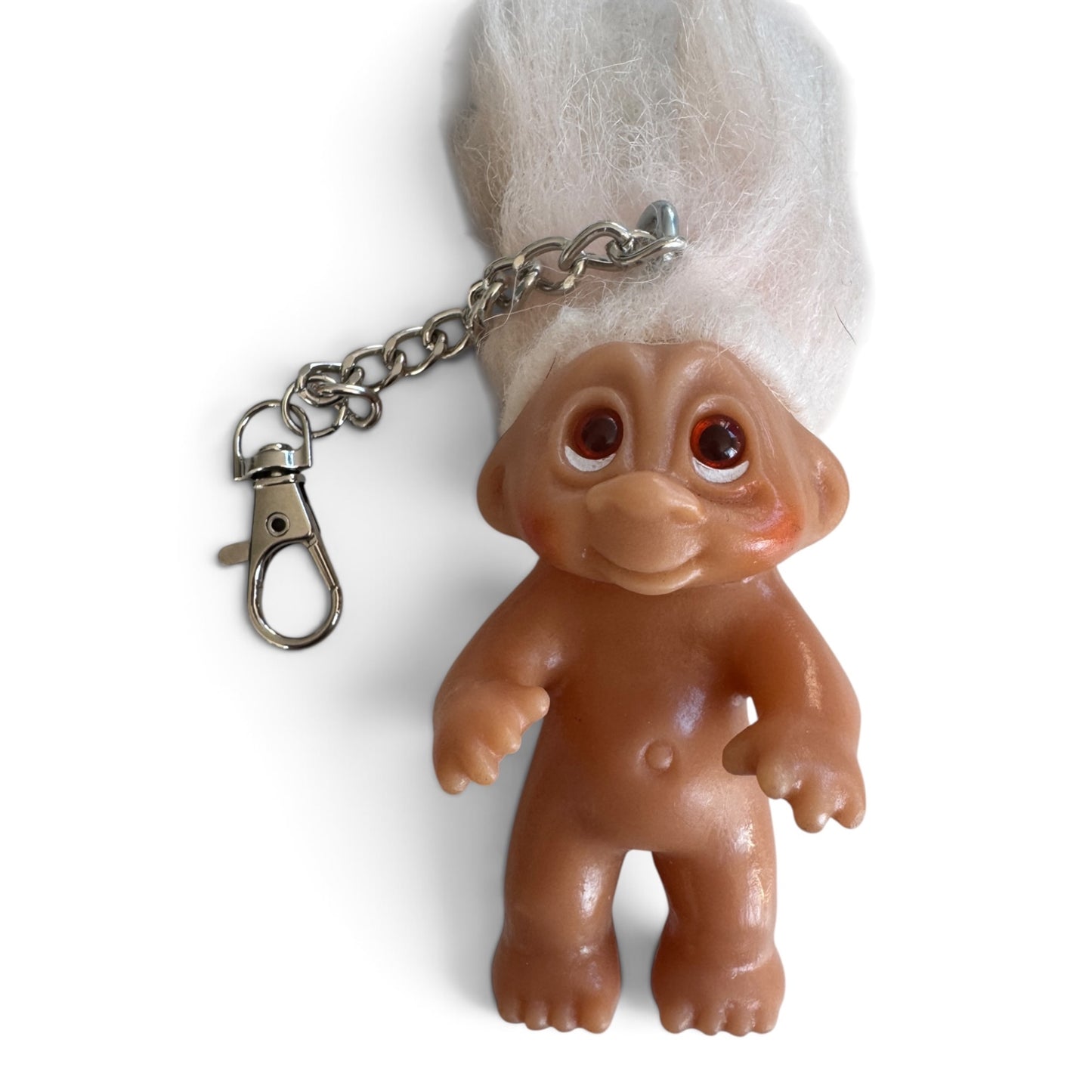 212vtg vintage troll doll keychain with fluffy white hair, tan vinyl body, and a silver metal lobster clasp.