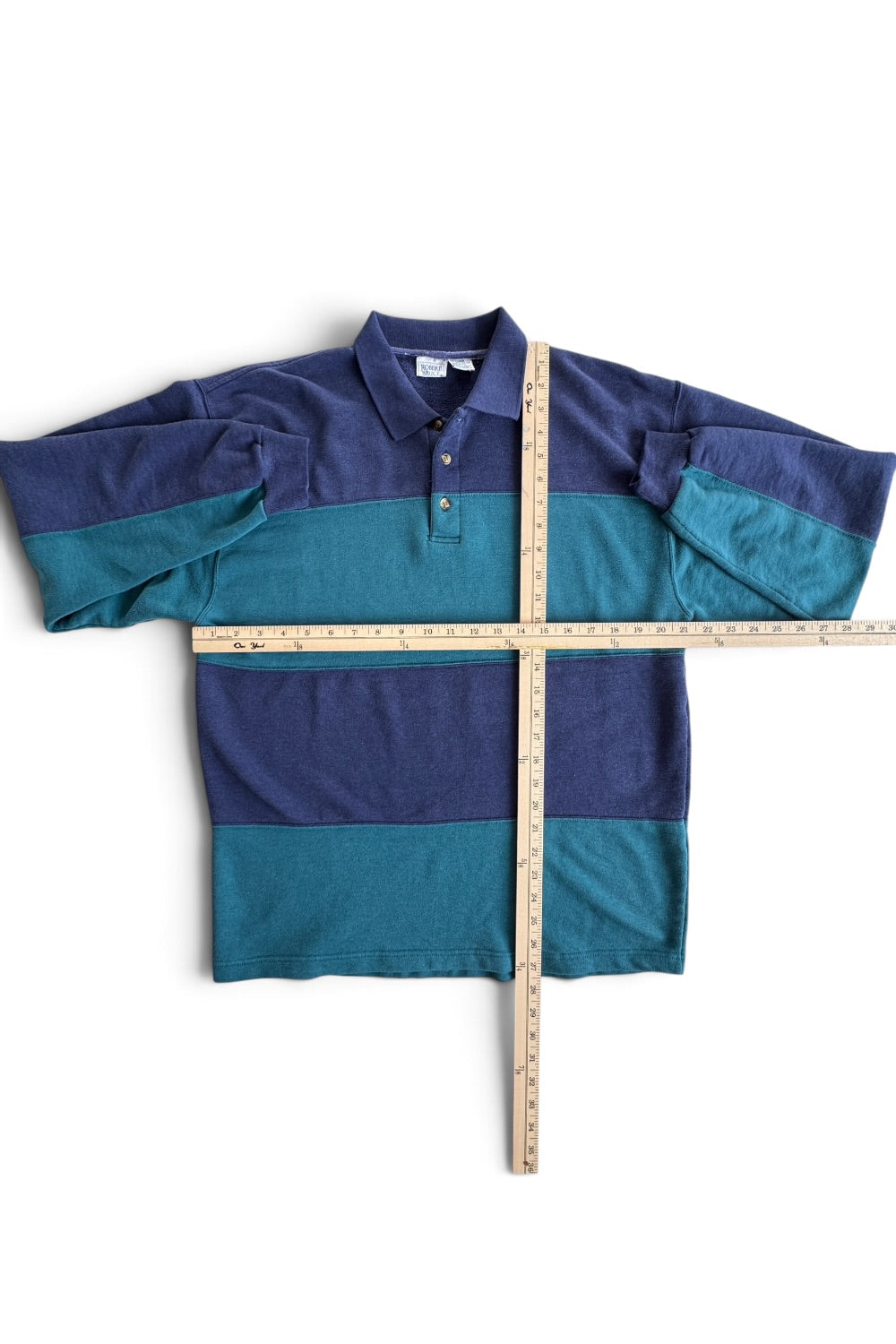 1990's Robert Bruce Button V-Neck Sweatshirt Blue Teal Stripe Colorblock Sz L