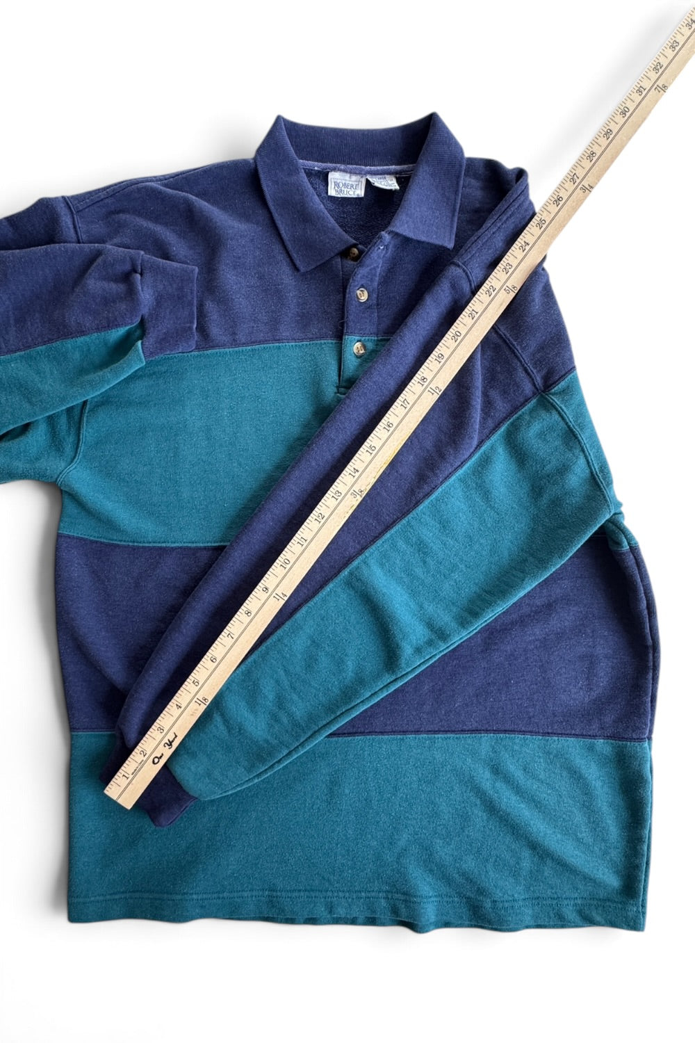 1990's Robert Bruce Button V-Neck Sweatshirt Blue Teal Stripe Colorblock Sz L