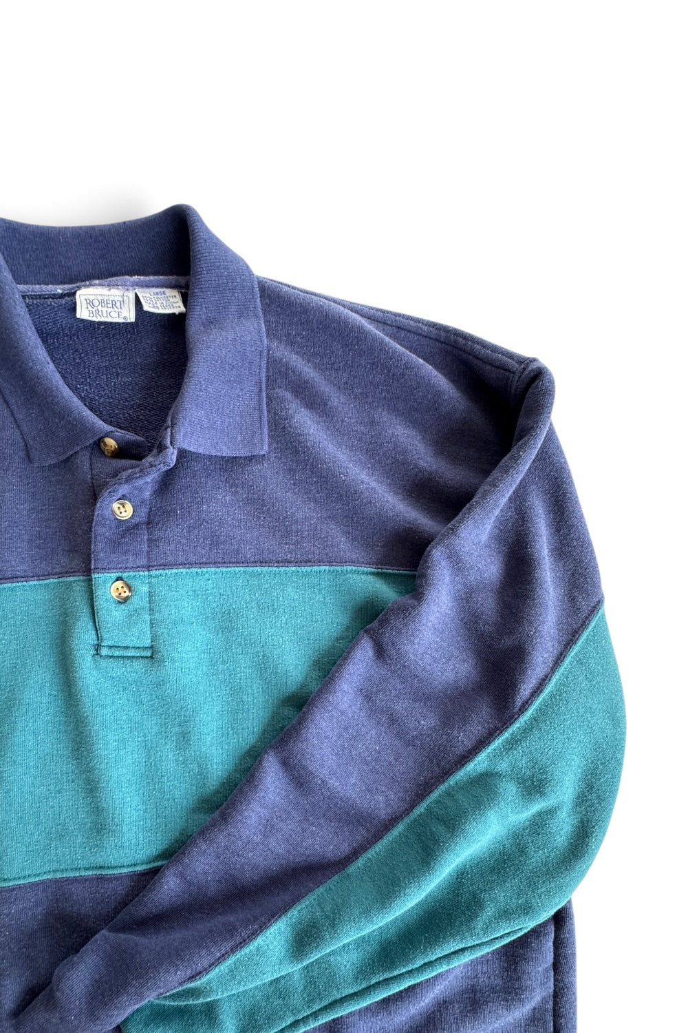 1990's Robert Bruce Button V-Neck Sweatshirt Blue Teal Stripe Colorblock Sz L