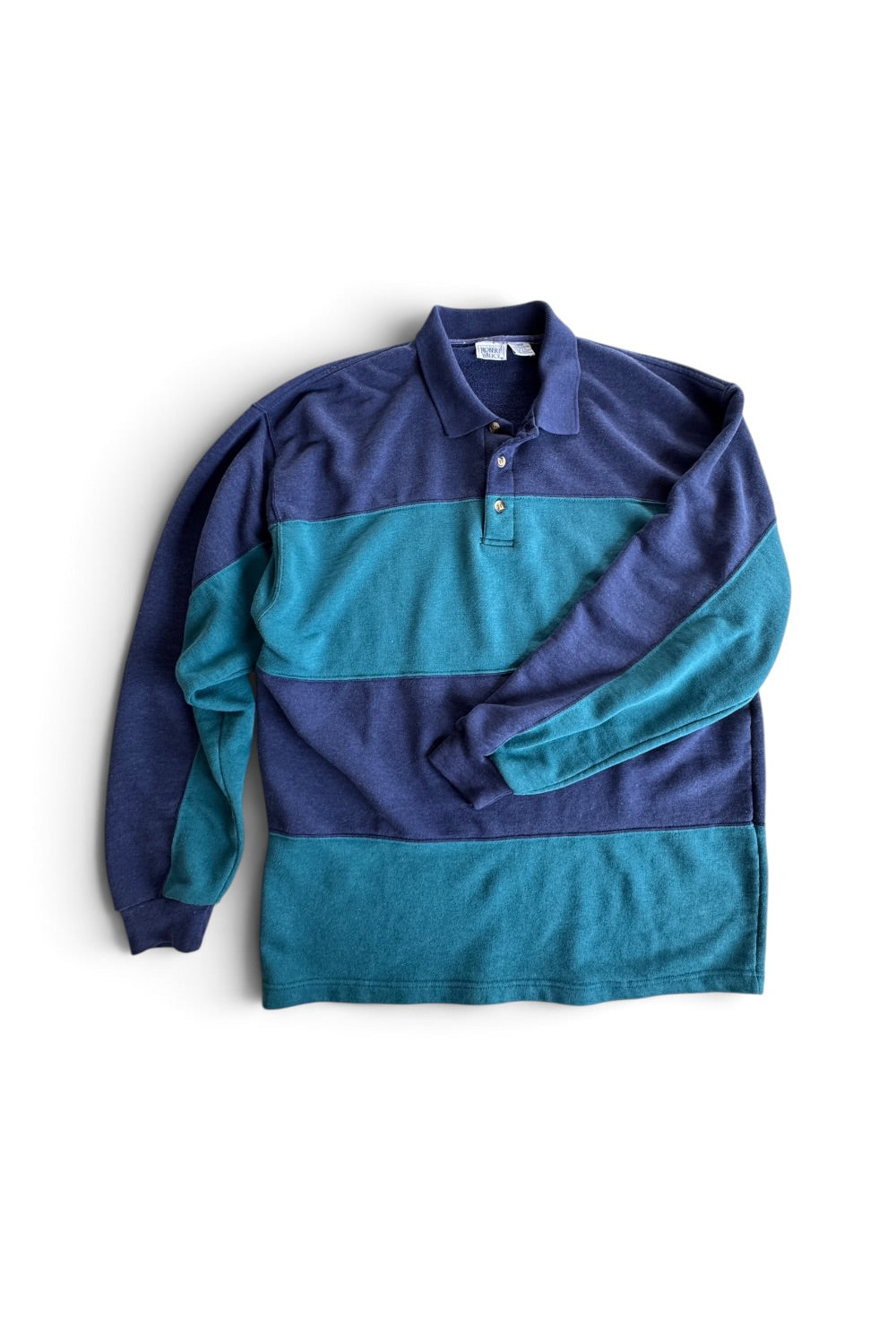 1990's Robert Bruce Button V-Neck Sweatshirt Blue Teal Stripe Colorblock Sz L