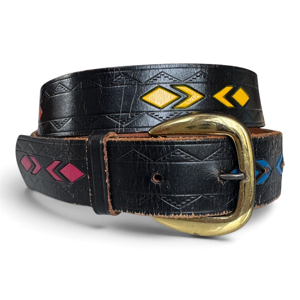 80s Tooled Leather Belt Southwestern Diamond Print Brass Buckle 34"