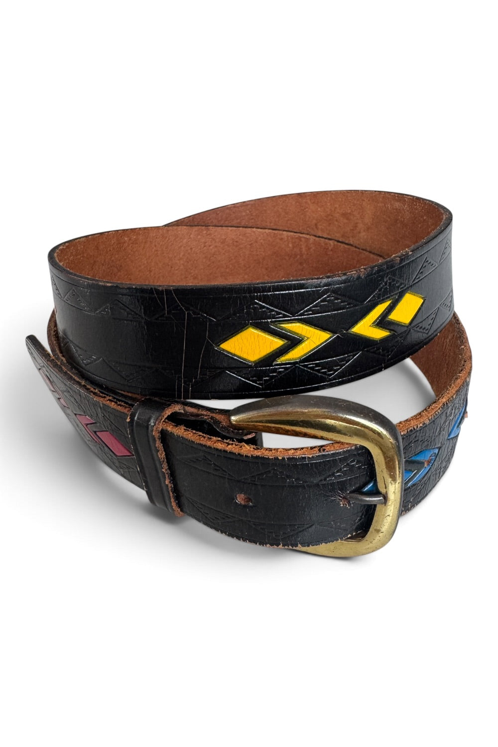 80s Tooled Leather Belt Southwestern Diamond Print Brass Buckle 34"