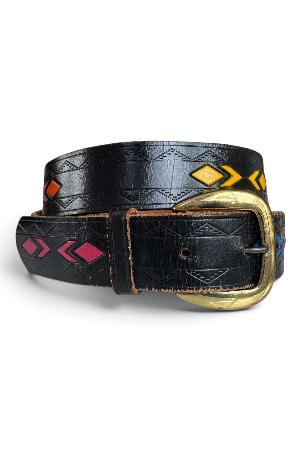 80s Tooled Leather Belt Southwestern Diamond Print Brass Buckle 34"