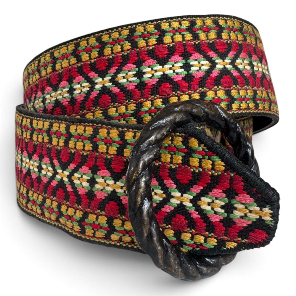 Woven Tapestry Belt Folk Pattern Black Metal O-Ring Buckle 34"