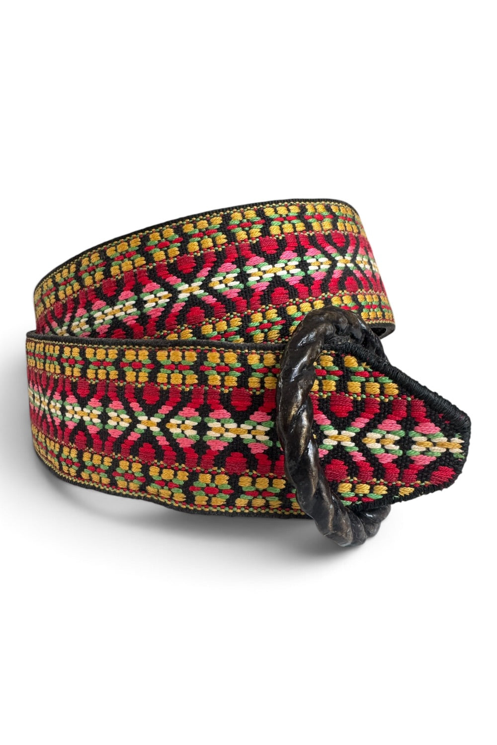 Woven Tapestry Belt Folk Pattern Black Metal O-Ring Buckle 34"