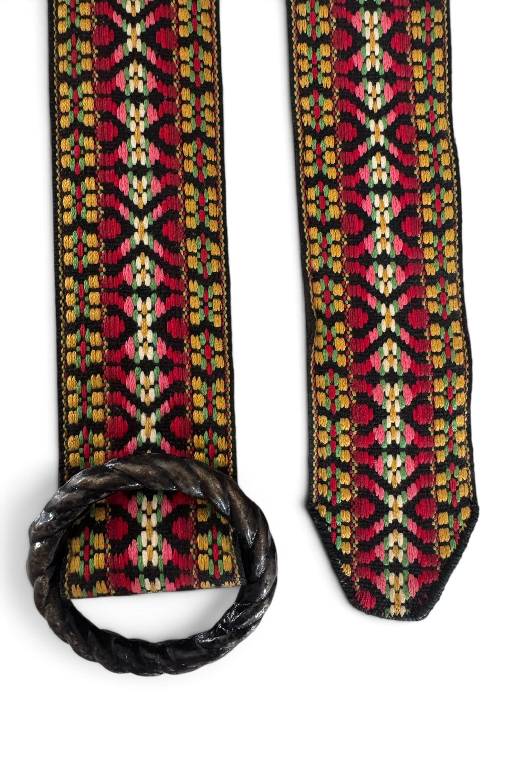 Woven Tapestry Belt Folk Pattern Black Metal O-Ring Buckle 34"