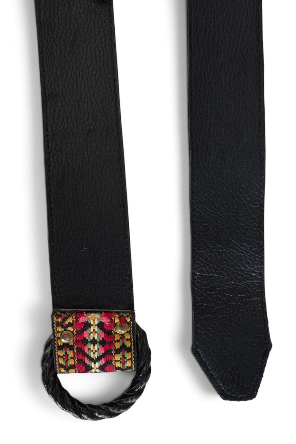 Woven Tapestry Belt Folk Pattern Black Metal O-Ring Buckle 34"