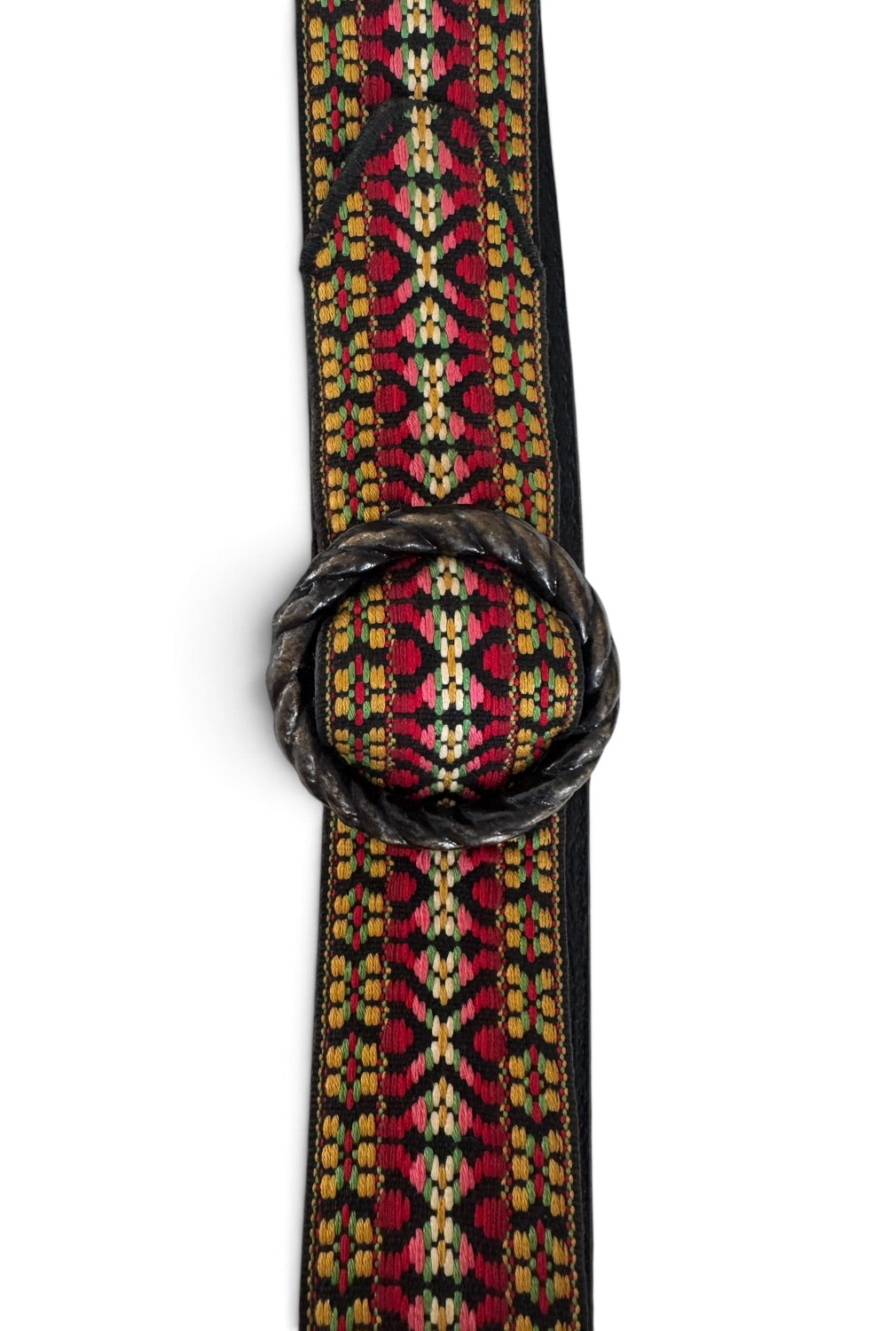 Woven Tapestry Belt Folk Pattern Black Metal O-Ring Buckle 34"