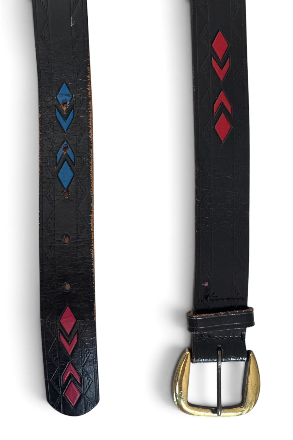 80s Tooled Leather Belt Southwestern Diamond Print Brass Buckle 34"