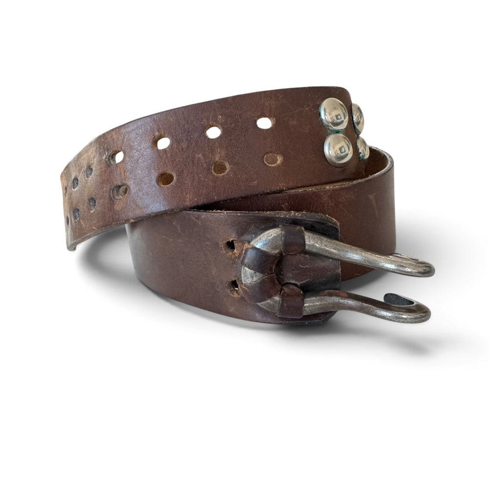Brown Leather Double Prong Belt Silver Rivet Studs 34.5"