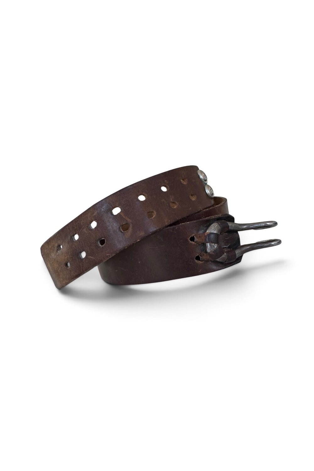 Brown Leather Double Prong Belt Silver Rivet Studs 34.5"