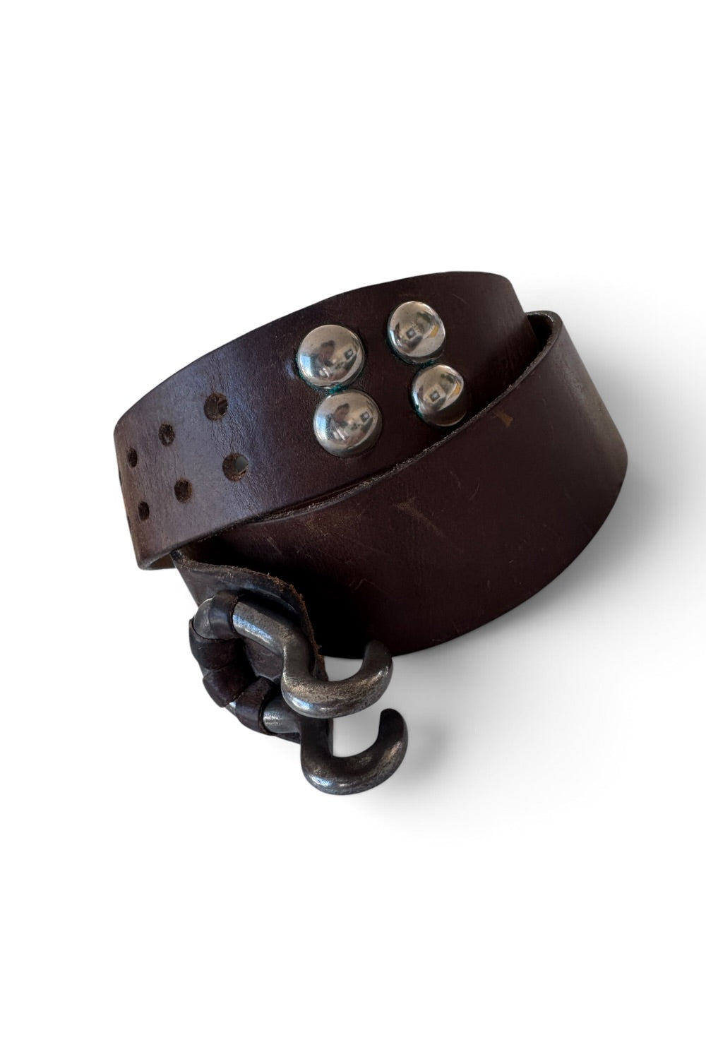 Brown Leather Double Prong Belt Silver Rivet Studs 34.5"