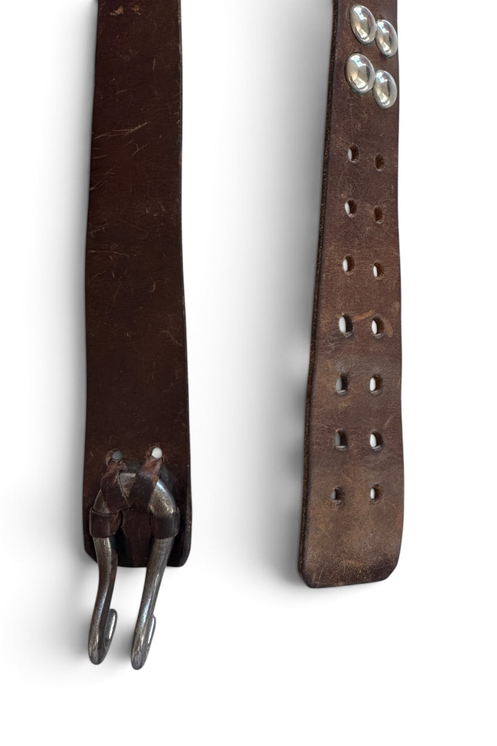 Brown Leather Double Prong Belt Silver Rivet Studs 34.5"