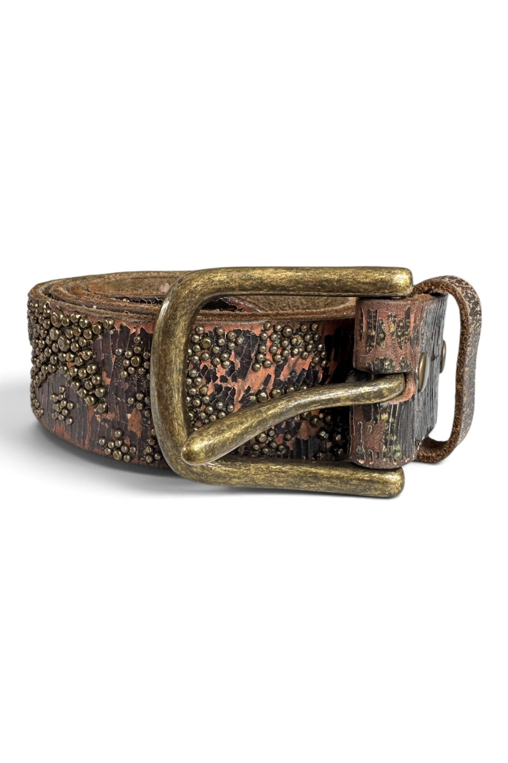Leather Island Studded Star Belt Distressed Crackle Leather Brass Buckle 40"