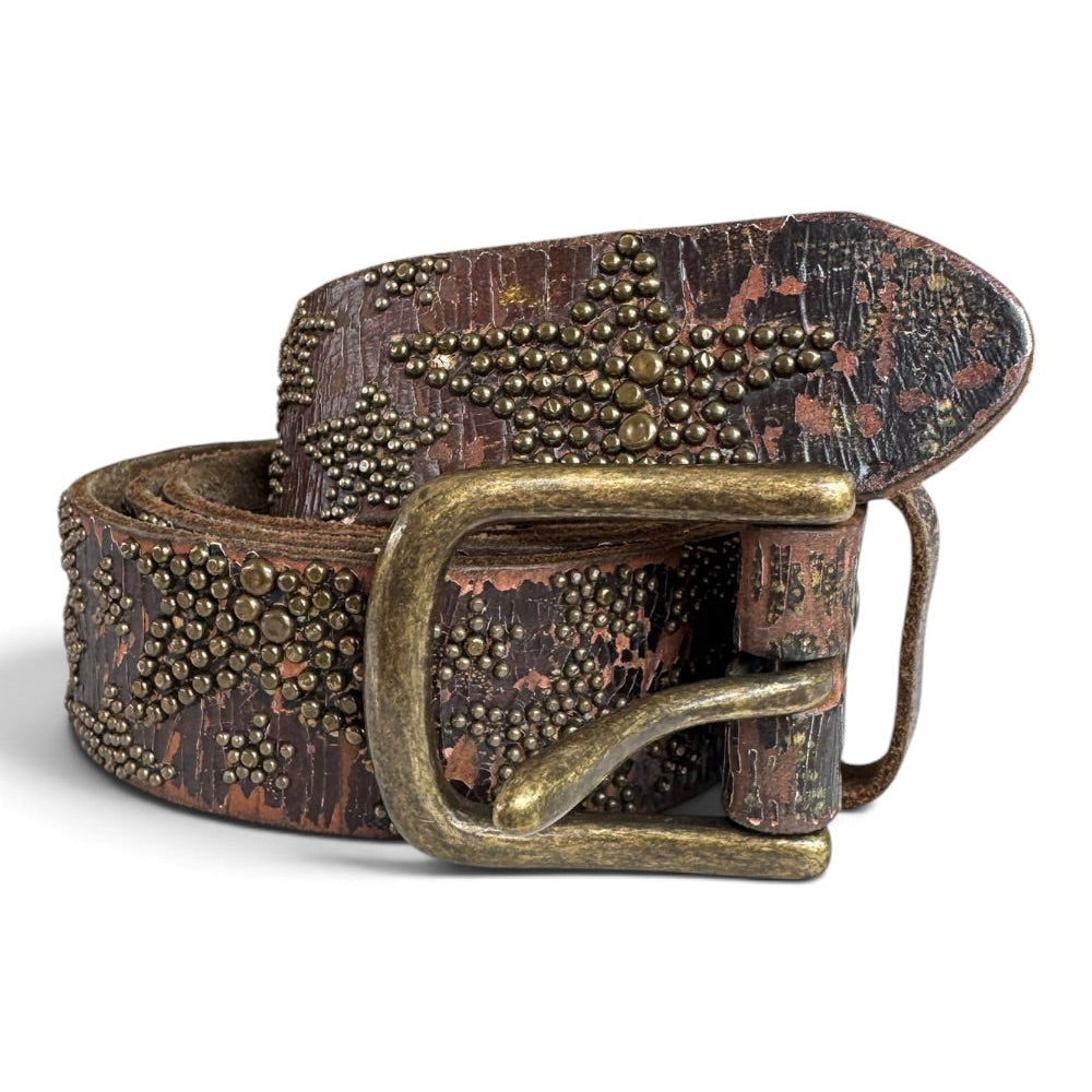 Leather Island Studded Star Belt Distressed Crackle Leather Brass Buckle 40"