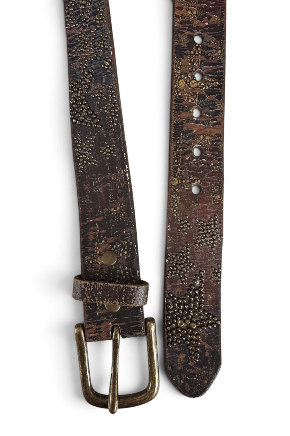 Leather Island Studded Star Belt Distressed Crackle Leather Brass Buckle 40"