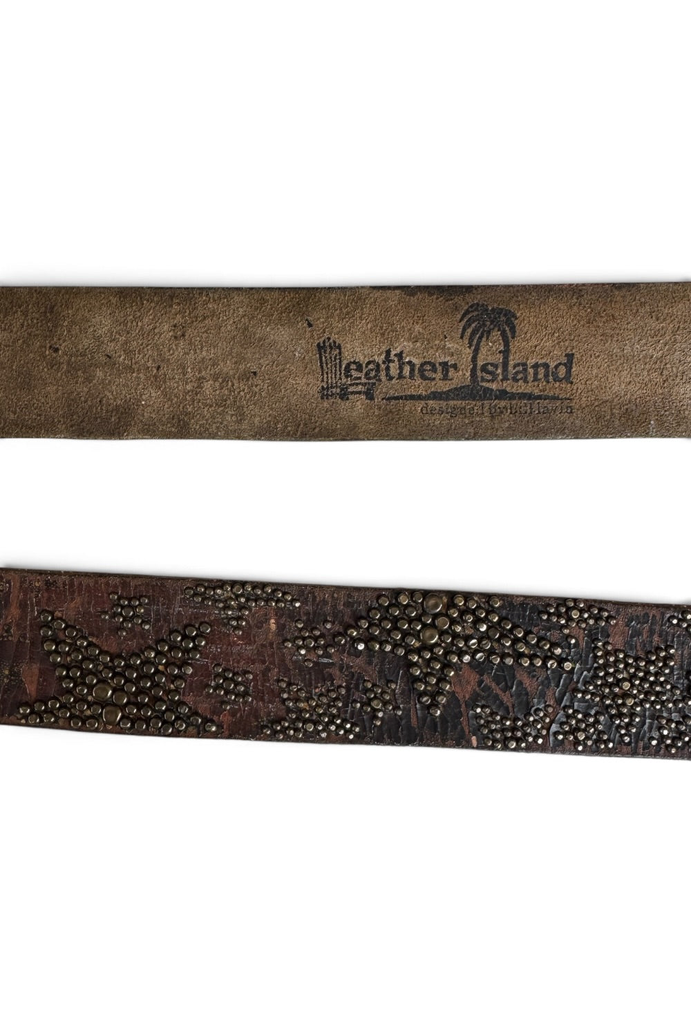 Leather Island Studded Star Belt Distressed Crackle Leather Brass Buckle 40"