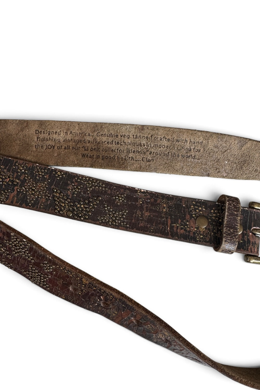 Leather Island Studded Star Belt Distressed Crackle Leather Brass Buckle 40"