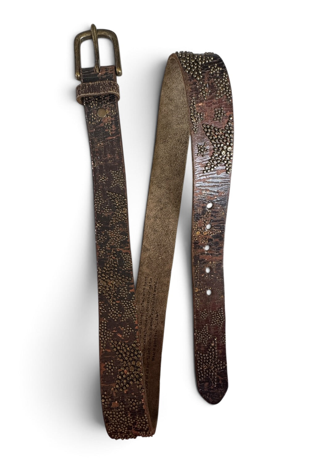 Leather Island Studded Star Belt Distressed Crackle Leather Brass Buckle 40"
