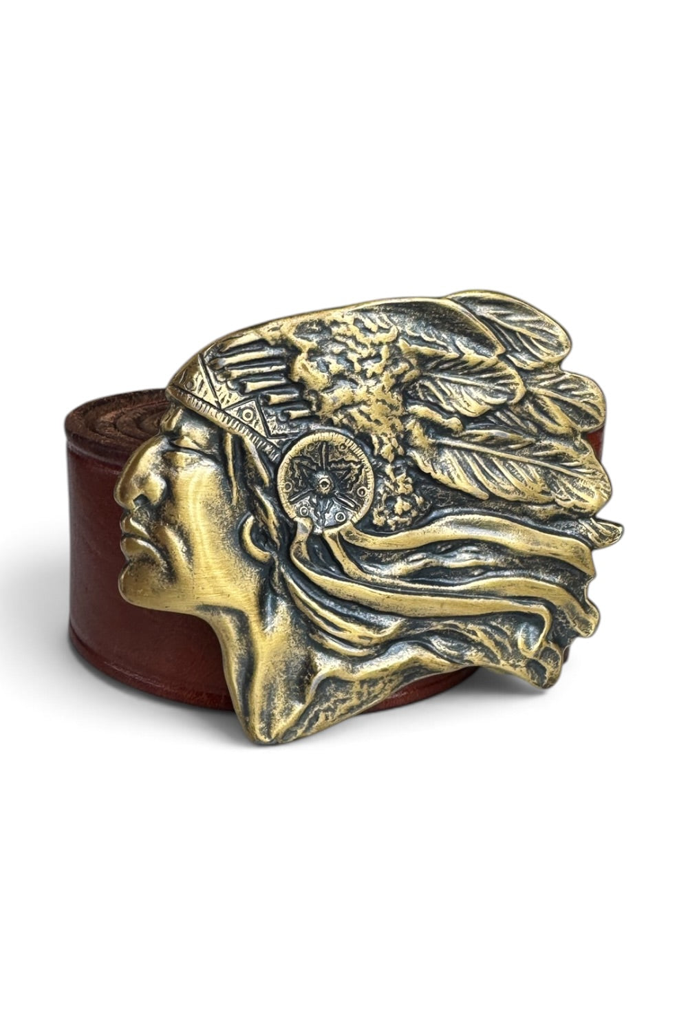 Brass Native American Chief Belt Buckle Brown Leather Belt 40"