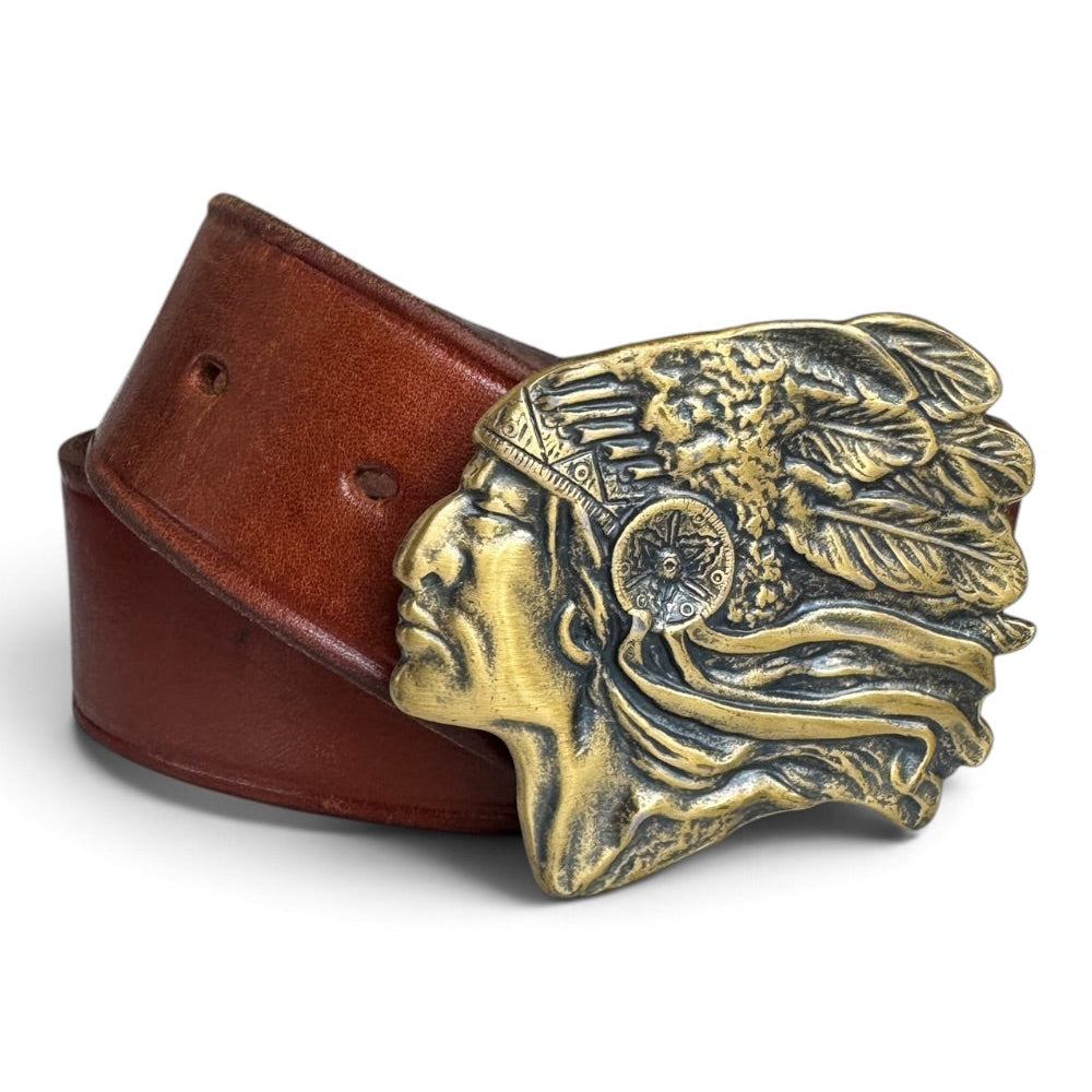 Brass Native American Chief Belt Buckle Brown Leather Belt 40"