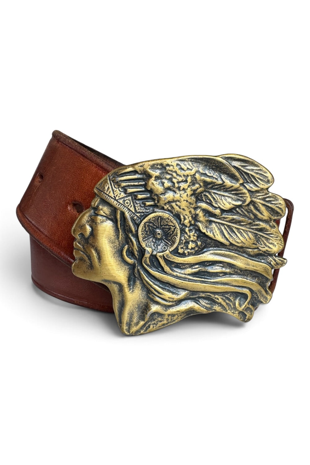 Brass Native American Chief Belt Buckle Brown Leather Belt 40"