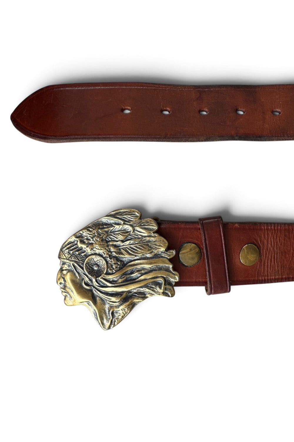 Brass Native American Chief Belt Buckle Brown Leather Belt 40"
