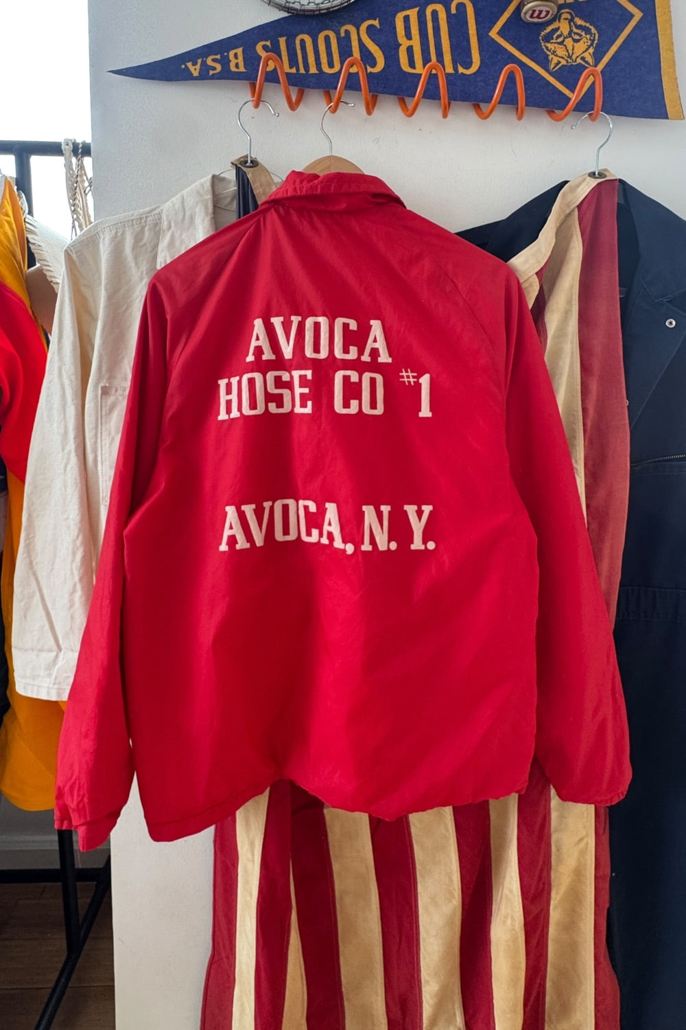 Don Alleson Red Nylon Fire Department Jacket Avoca Hose Co Chainstitch
