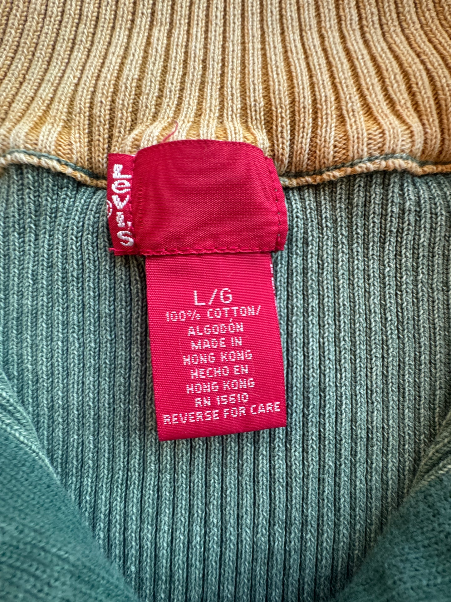 90s Levi's Green Ribbed Quarter Zip Cotton Sweater