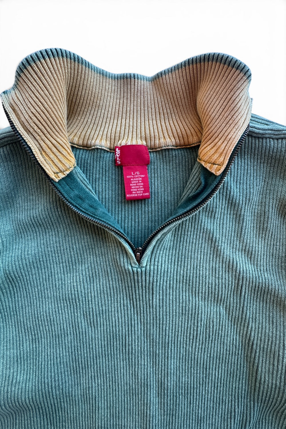 90s Levi's Green Ribbed Quarter Zip Cotton Sweater