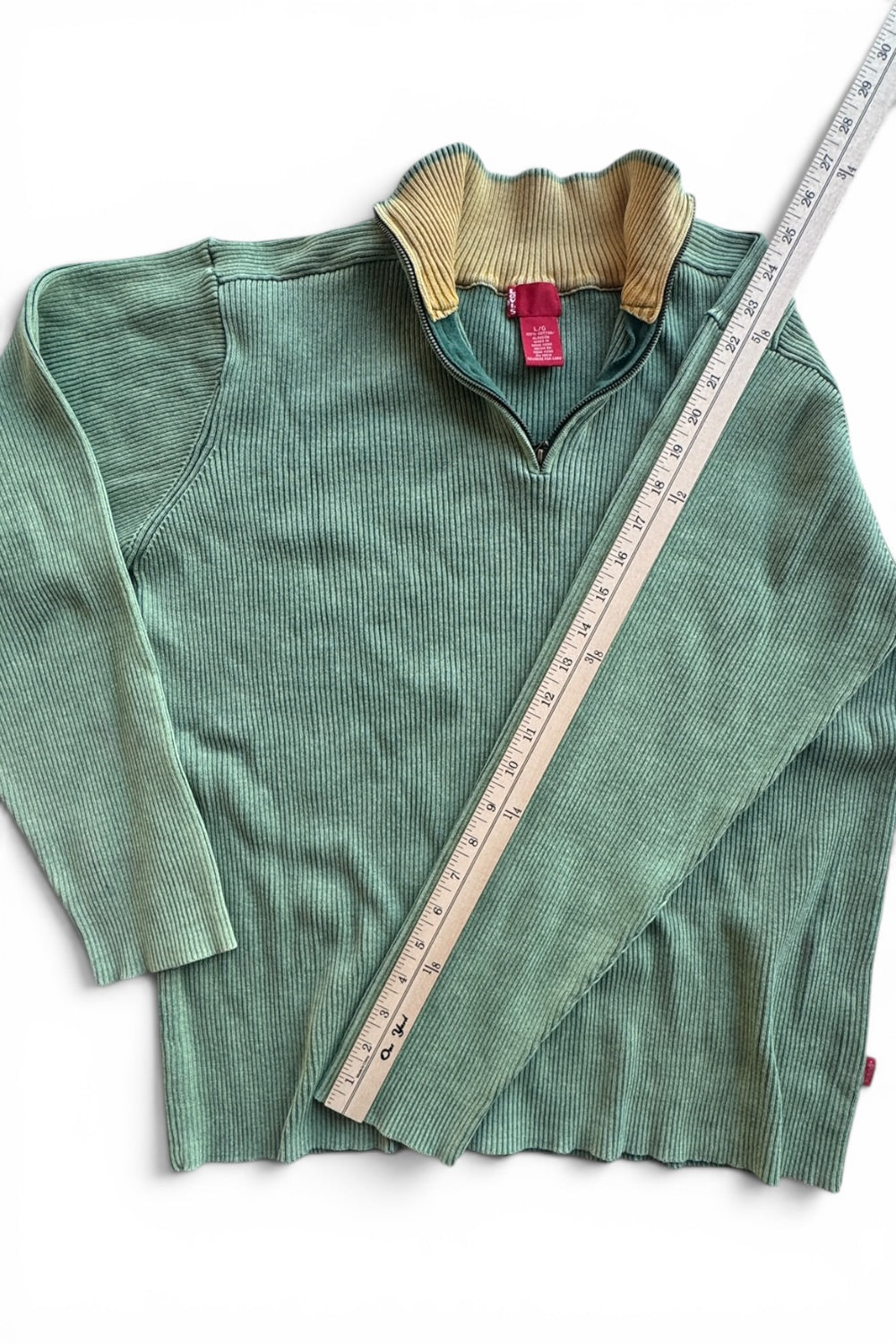 90s Levi's Green Ribbed Quarter Zip Cotton Sweater