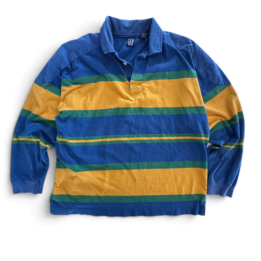 90s Gap Rugby Polo Striped Blue Green Yellow Distressed Large