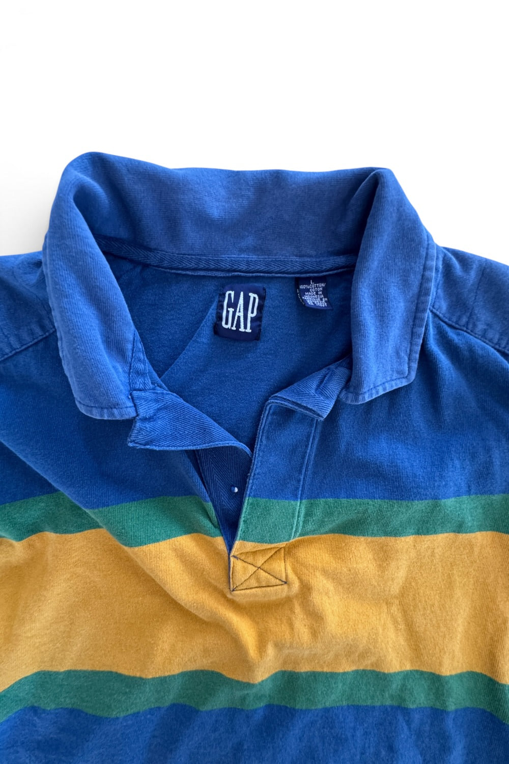 90s Gap Rugby Polo Striped Blue Green Yellow Distressed Large