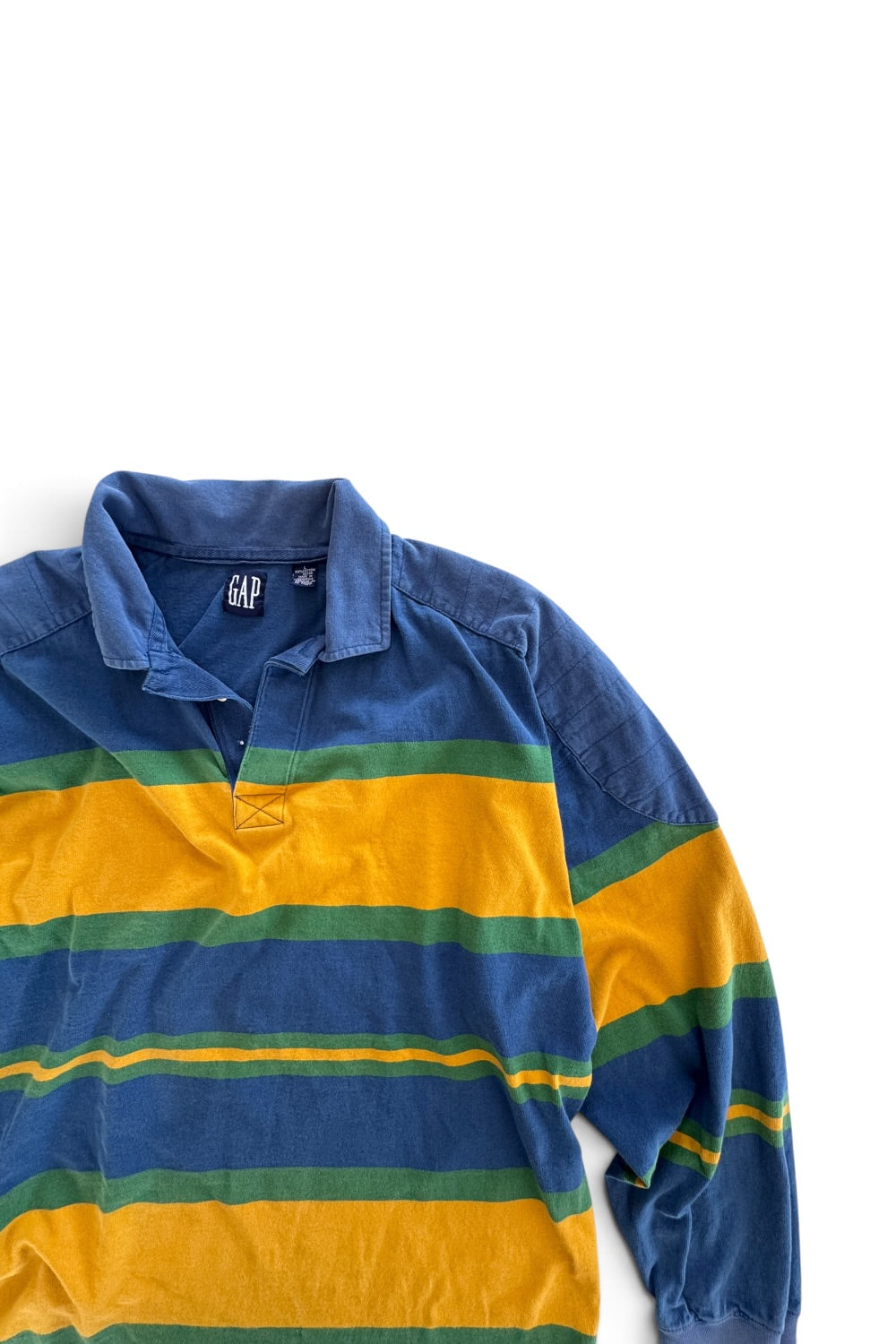 90s Gap Rugby Polo Striped Blue Green Yellow Distressed Large