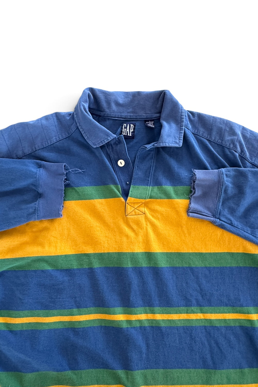 90s Gap Rugby Polo Striped Blue Green Yellow Distressed Large