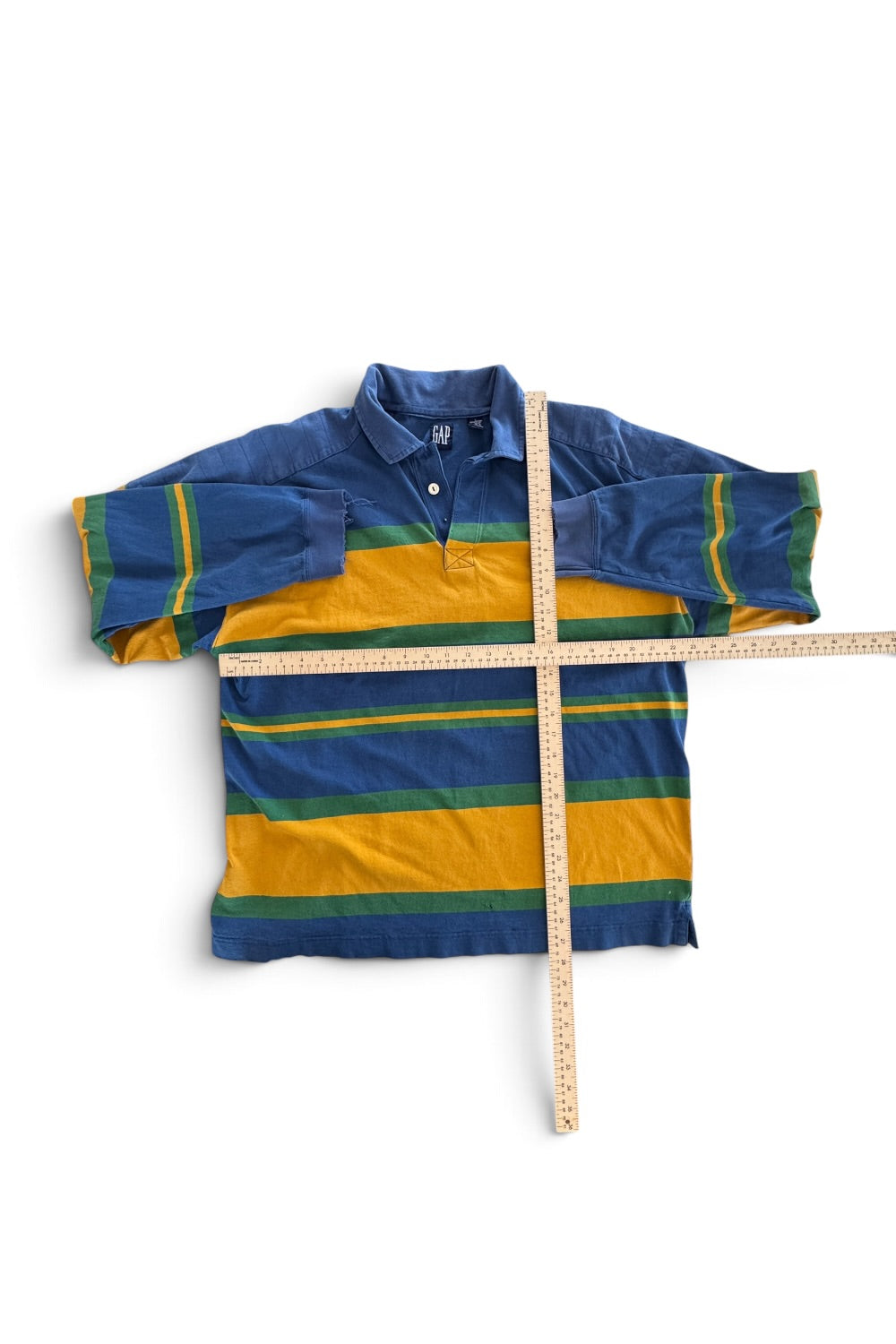90s Gap Rugby Polo Striped Blue Green Yellow Distressed Large