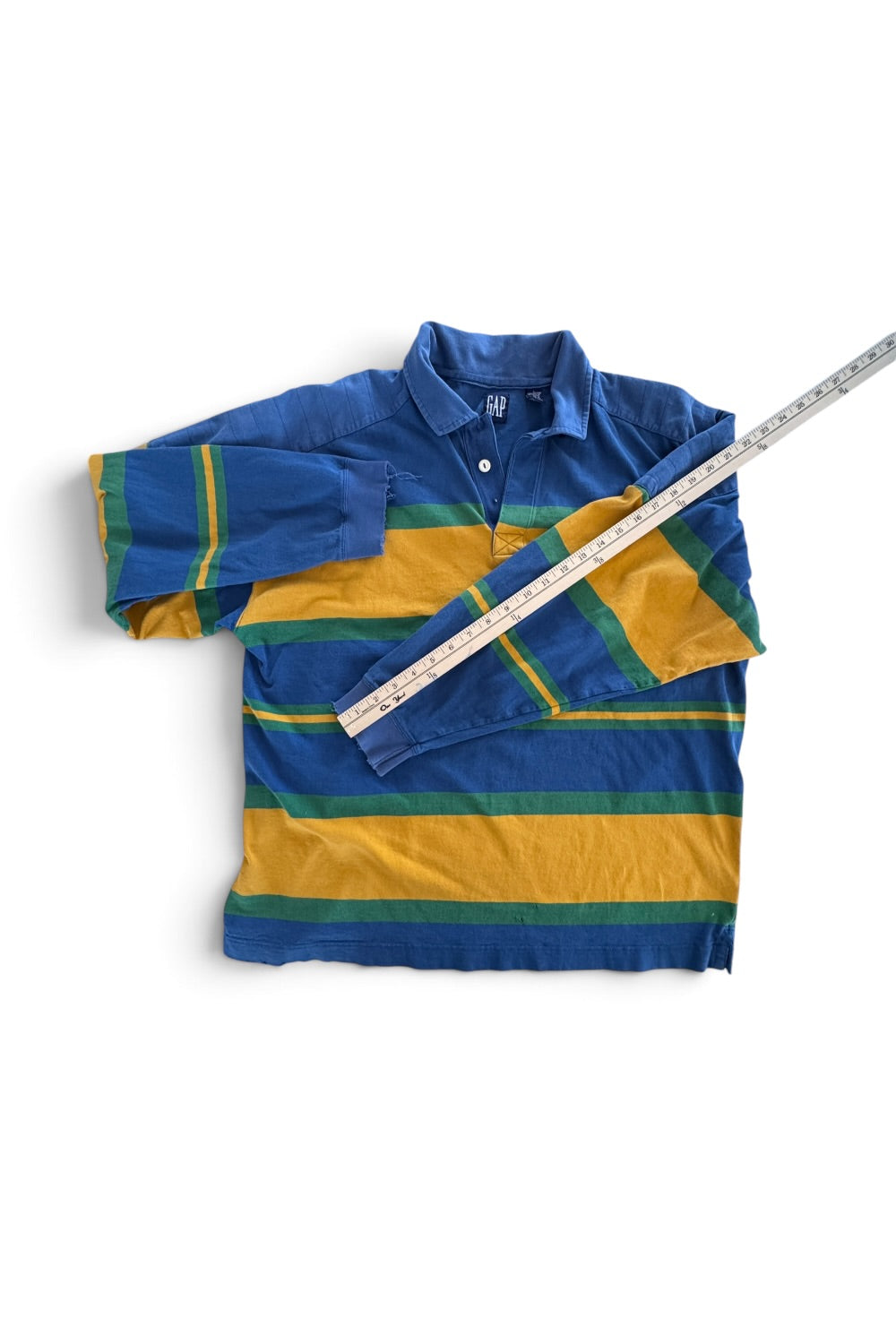 90s Gap Rugby Polo Striped Blue Green Yellow Distressed Large