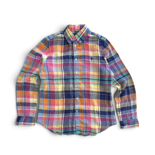 Ralph Lauren Classic Fit Madras Plaid Linen Shirt Pink Blue Large