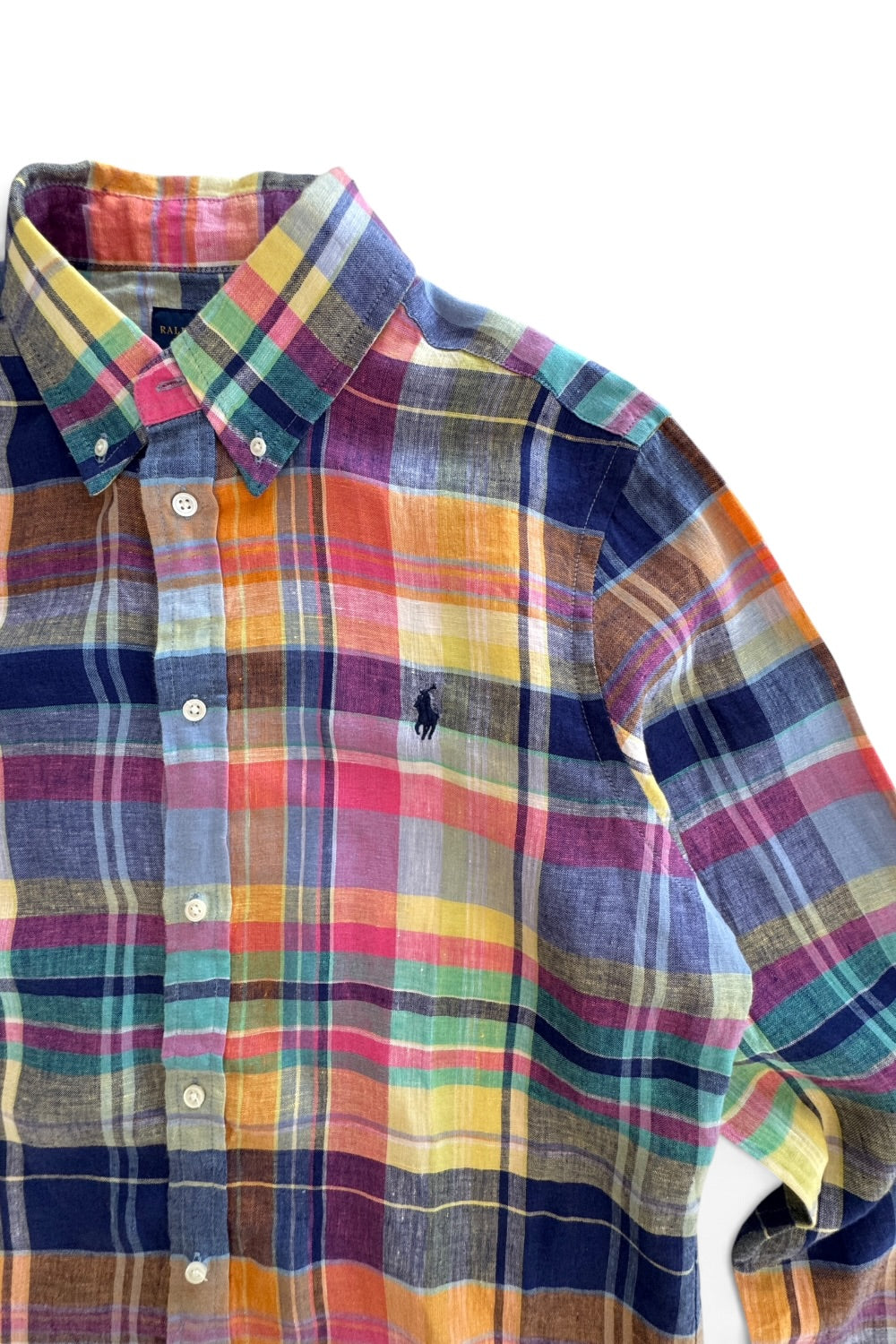 Ralph Lauren Classic Fit Madras Plaid Linen Shirt Pink Blue Large