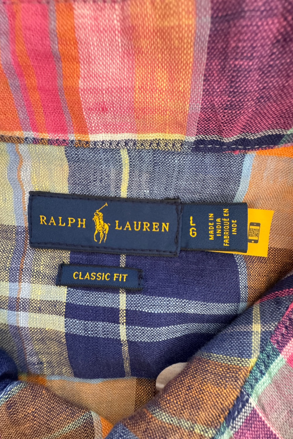 Ralph Lauren Classic Fit Madras Plaid Linen Shirt Pink Blue Large