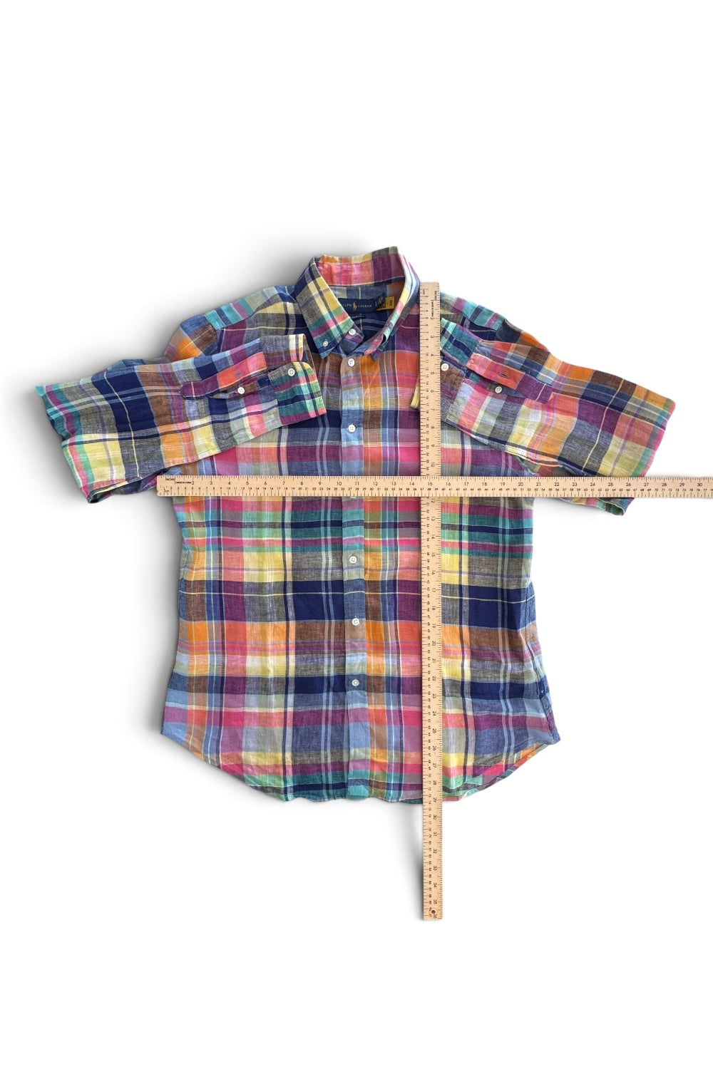 Ralph Lauren Classic Fit Madras Plaid Linen Shirt Pink Blue Large