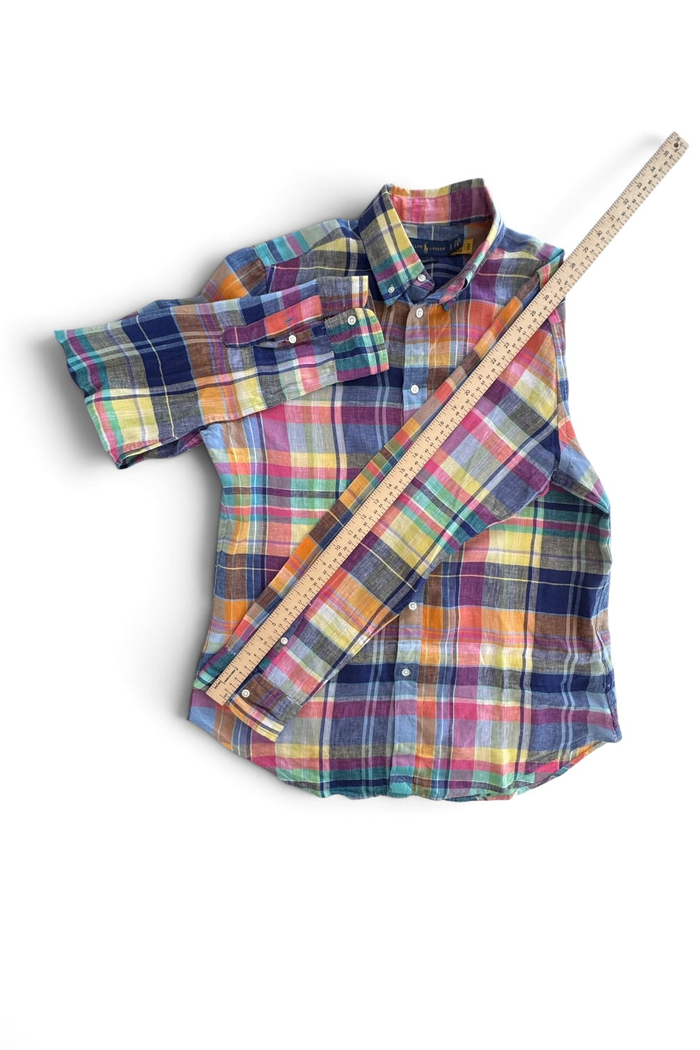 Ralph Lauren Classic Fit Madras Plaid Linen Shirt Pink Blue Large